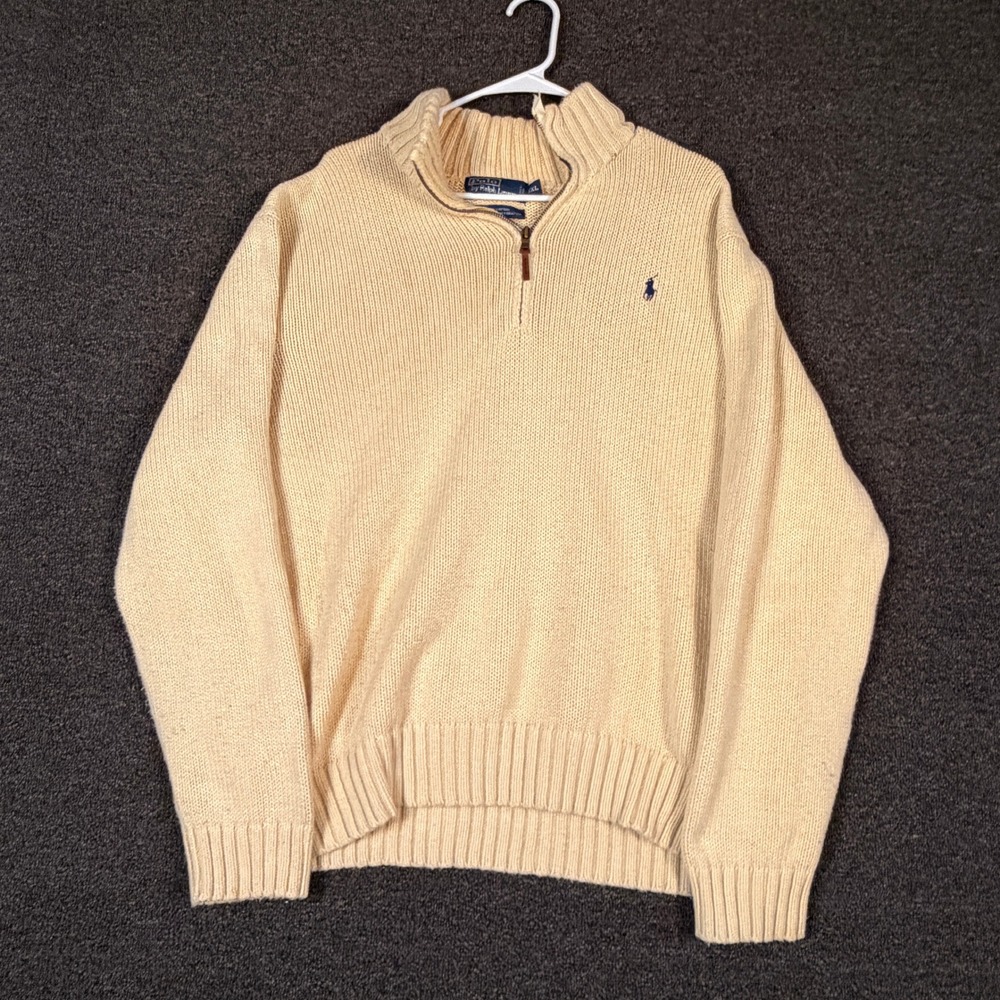 Polo Ralph Lauren Mens XXL Cream Cotton Quarter Zip Pullover Sweater Beige Pony